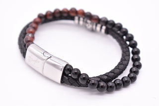 Parisi Armband - Schwarzes Lederarmband - Edelstahlschließe - Braune Tigeraugensteine - Mann - Herren - Inkl. Weiße Schmuckschachtel