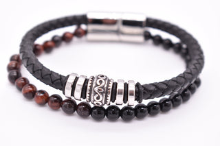 Parisi Armband - Schwarzes Lederarmband - Edelstahlschließe - Braune Tigeraugensteine - Mann - Herren - Inkl. Weiße Schmuckschachtel