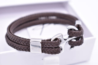 Parisi Armband - geflochtenes Braunes Leder - Anker aus rostfreiem Stahl - Männer - Mann - Inkl. Weiße Schmuckschachtel