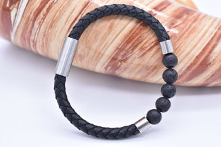 Parisi Armband - schwarzem geflochtenem Leder - Lavasteine - Mann - Herren - Inkl. Weiße Schmuckschachtel