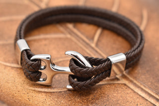 Parisi Armband - geflochtenes Braunes Leder - Anker aus rostfreiem Stahl - Männer - Mann - Inkl. Weiße Schmuckschachtel